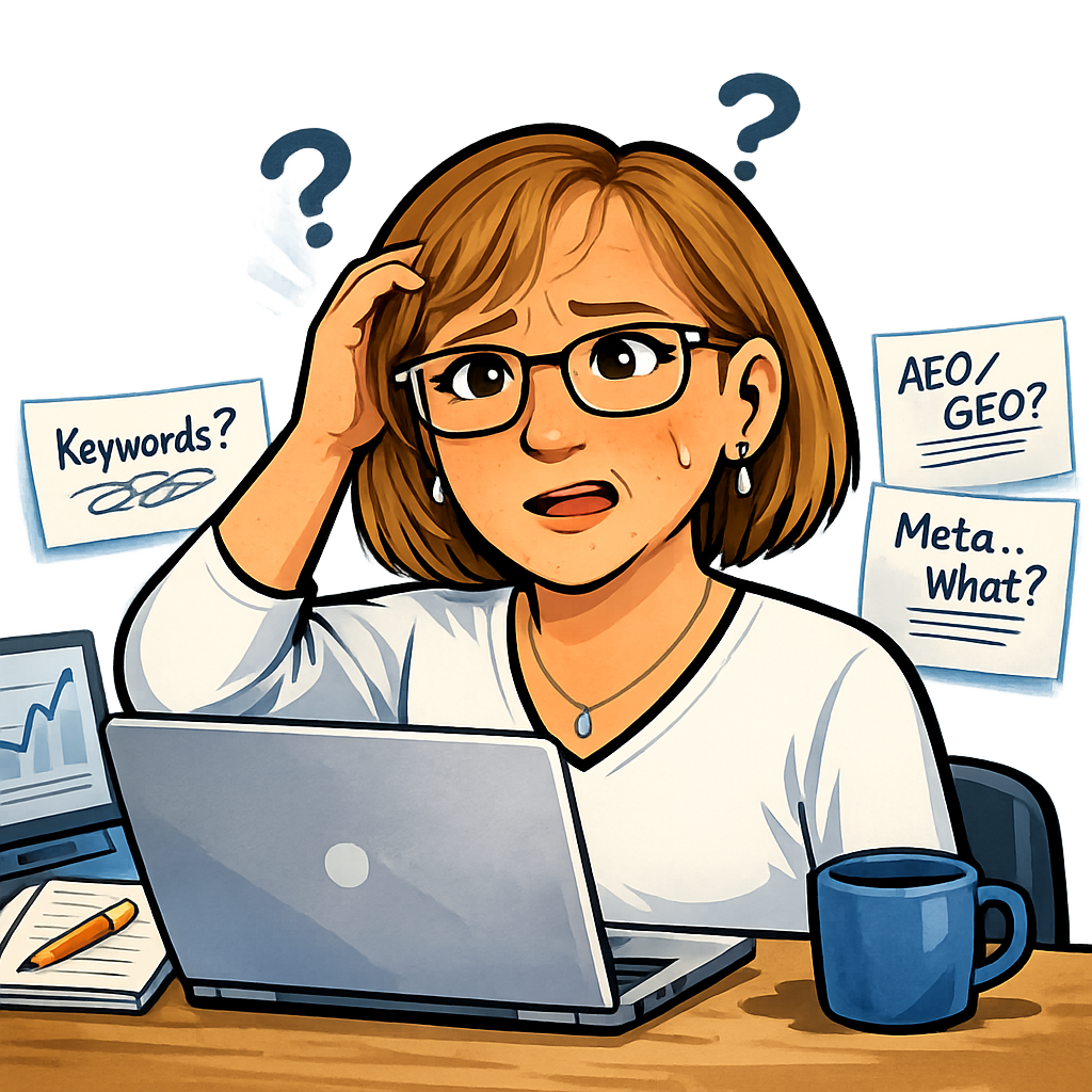 Teri looking frustrated while trying to make sense of SEO terms in the Approval Center.